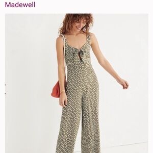 Madewell Light Green Floral Jumpsuit With Cute Tie Front, Wide Leg, Size 6